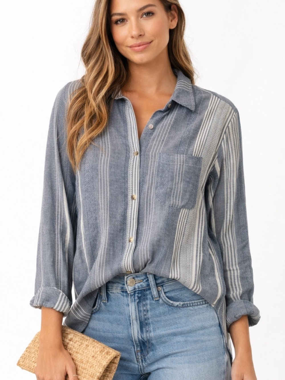 Maeve By Anthropology Striped Button Down Shirt Women’s S Blue Gray Long Sleeve